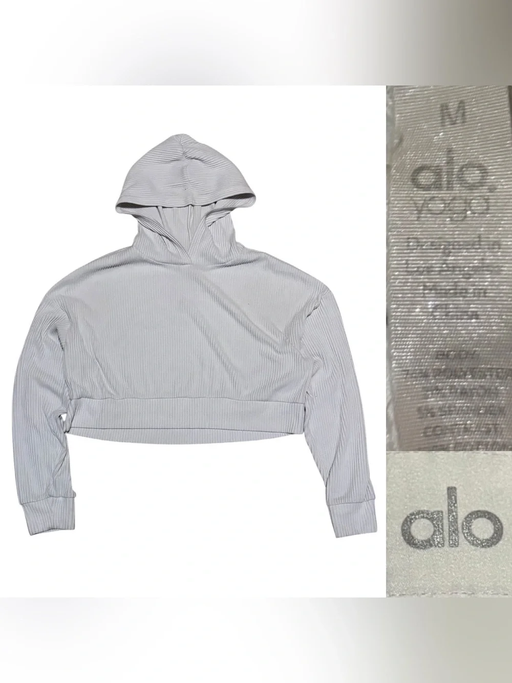 ALO Yoga Muse Ribbed Crop Top Hoodie Women’s Size Medium In Grey